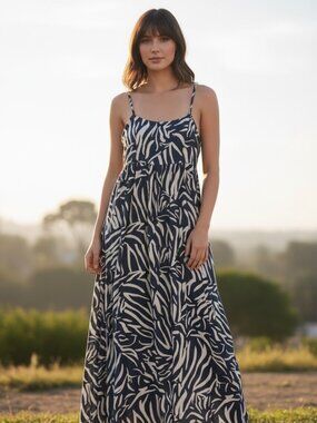 Goa Beachwear by Japna XL Blue White Tropical Maxi Dress Smocked Resort Boho